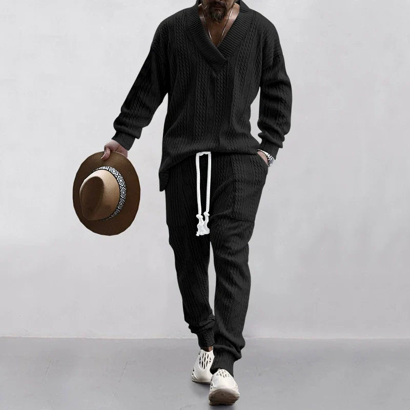 Men's Solid Jacquard Drop Shoulder V Neck Top & Drawstring Waist Pants Set